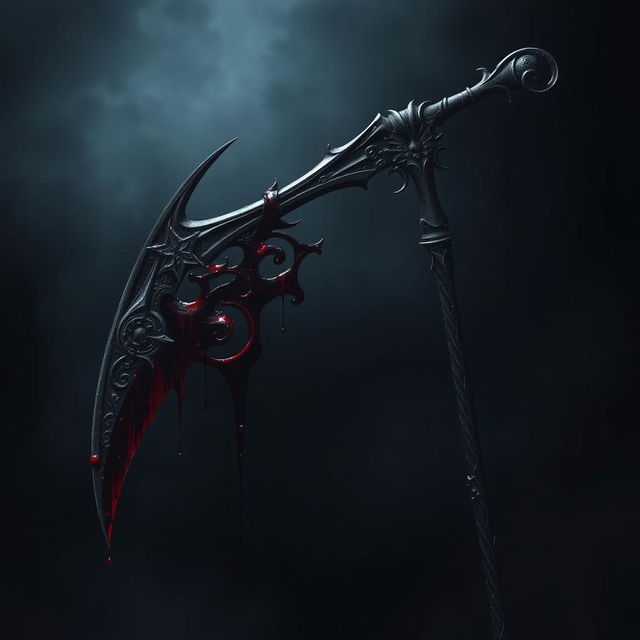 A dark and ominous scythe dripping with blood, set against a shadowy background