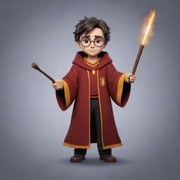 A 2D video game character inspired by the world of Harry Potter, wearing a Gryffindor robe, holding a magic wand, and showcasing a unique, memorable design.