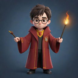 A 2D video game character inspired by the world of Harry Potter, wearing a Gryffindor robe, holding a magic wand, and showcasing a unique, memorable design.