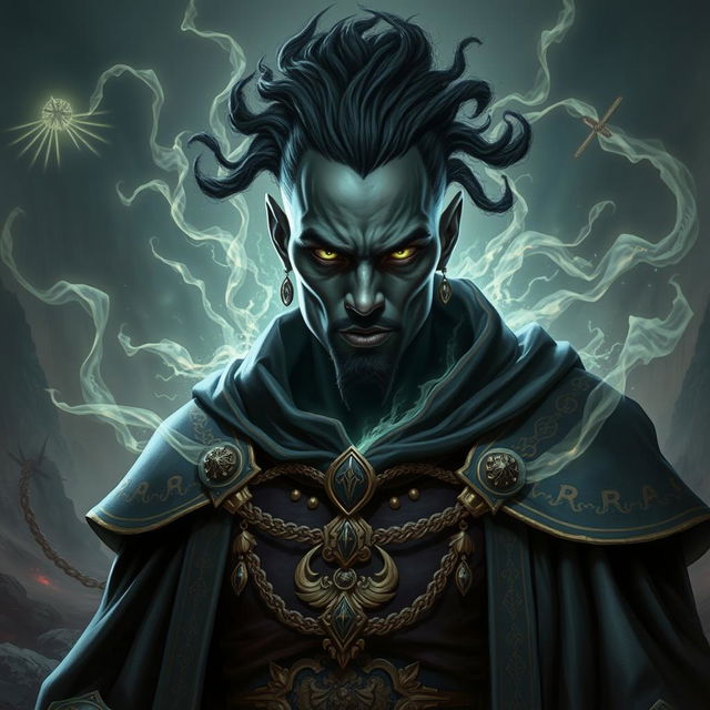 A powerful 40K Psyker, a black male with intense eyes and wearing ornate robes