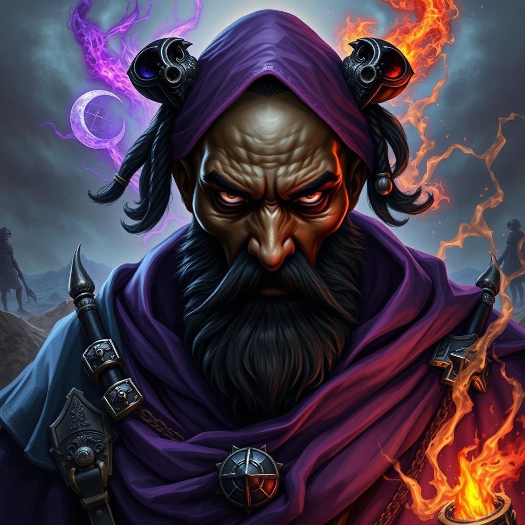 A powerful 40K Psyker, a black male with intense eyes and wearing purple robes