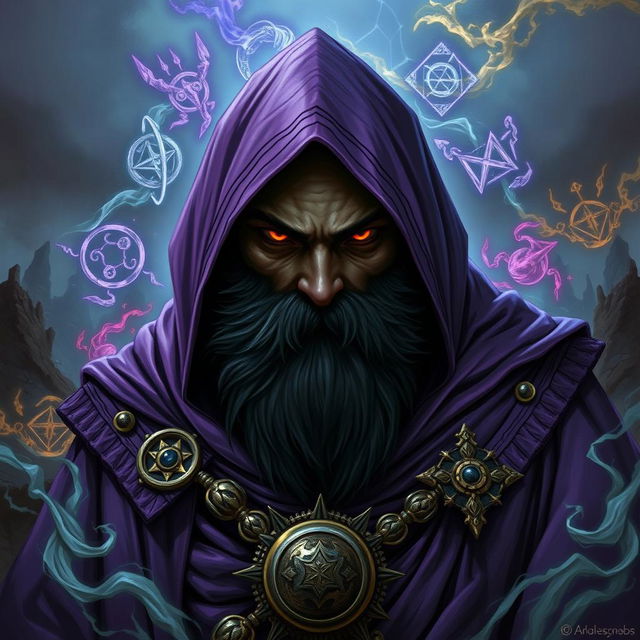 A powerful 40K Psyker, a black male with intense eyes and wearing purple robes