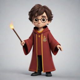 A 2D video game character inspired by the world of Harry Potter, wearing a Gryffindor robe, holding a magic wand, and showcasing a unique, memorable design.