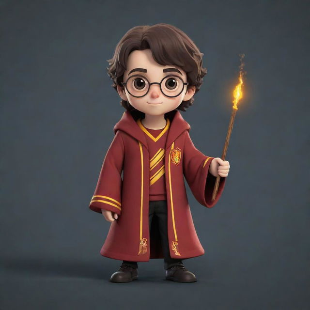 A 2D video game character inspired by the world of Harry Potter, wearing a Gryffindor robe, holding a magic wand, and showcasing a unique, memorable design.