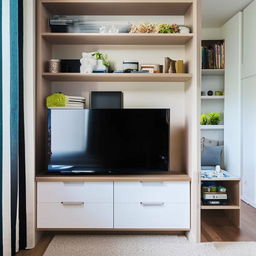 A multifunctional wall featuring a full-length shelf that acts as a TV stand, includes a vanity with a mirror, a bookshelf, and drawers for storage