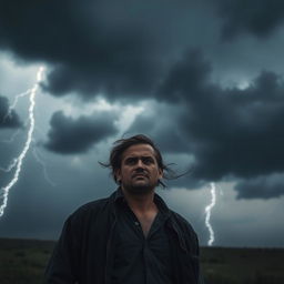 A man standing in front of a dark, ominous storm with thunderclouds and lightning in the background