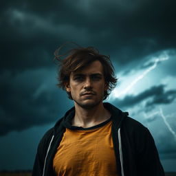 A man standing in front of a dark, ominous storm with thunderclouds and lightning in the background