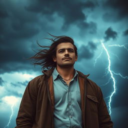 A man standing in front of a dark, ominous storm with thunderclouds and lightning in the background