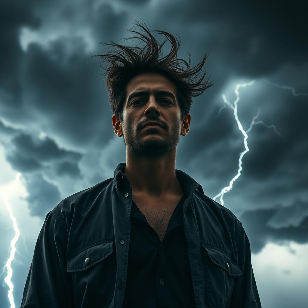 A man standing in front of a dark, ominous storm with thunderclouds and lightning in the background