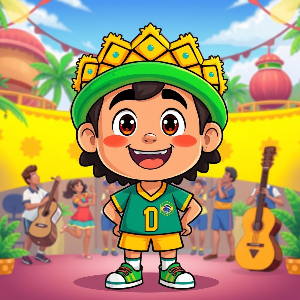 An animated illustration of a Brazilian character, featuring vibrant colors and lively expressions