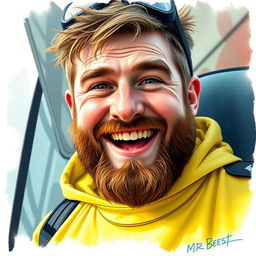 A detailed and vibrant portrait of Mr Beast, the famous YouTuber known for his philanthropy and entertaining challenges