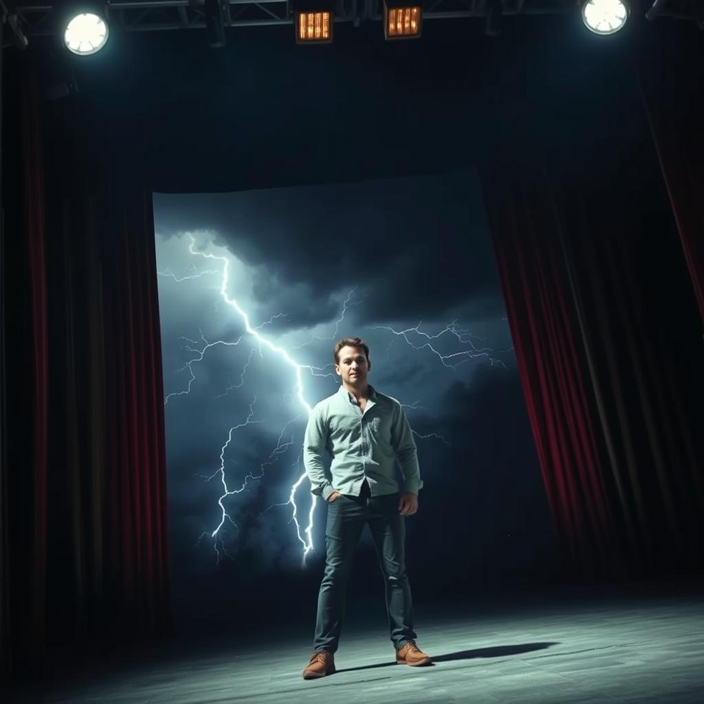 A dramatic scene of a man standing on an acting stage with a fierce storm raging behind him