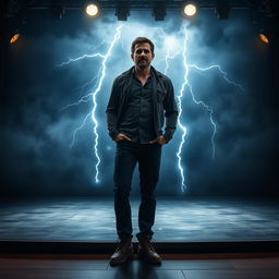 A dramatic scene of a man standing on an acting stage with a fierce storm raging behind him