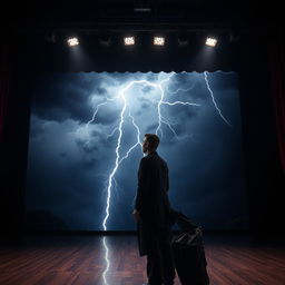 A dramatic scene of a man standing on an acting stage with a fierce storm raging behind him