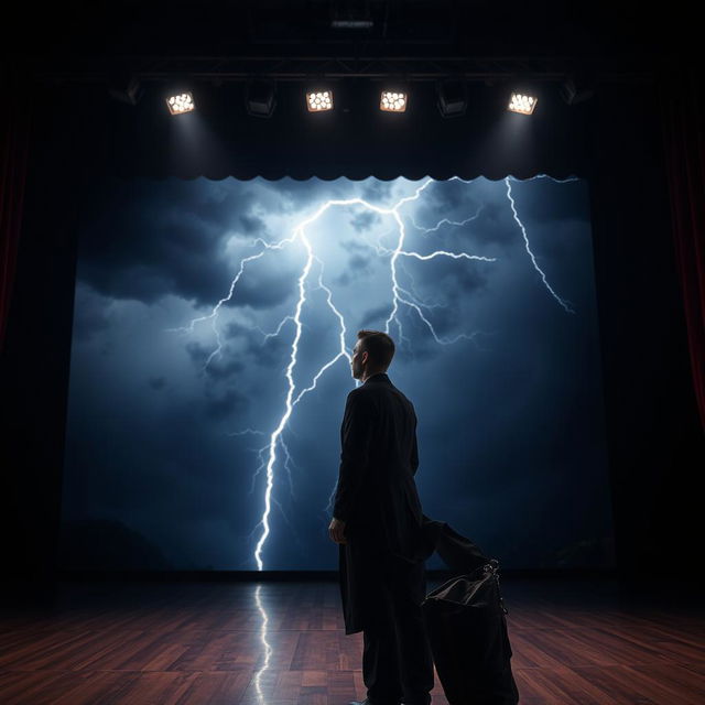 A dramatic scene of a man standing on an acting stage with a fierce storm raging behind him