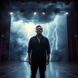 A dramatic scene of a man standing on an acting stage with a fierce storm raging behind him