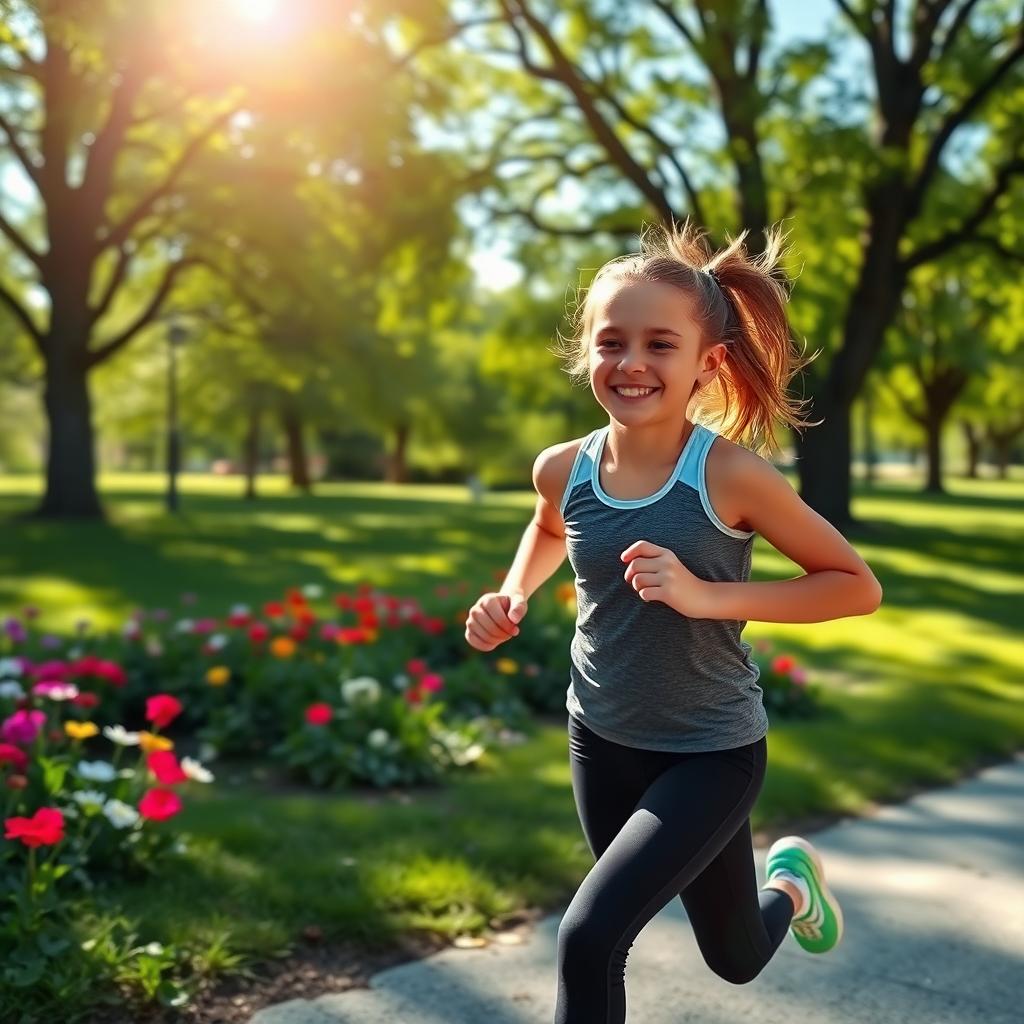 A girl running through a scenic park, with trees and flowers in the background