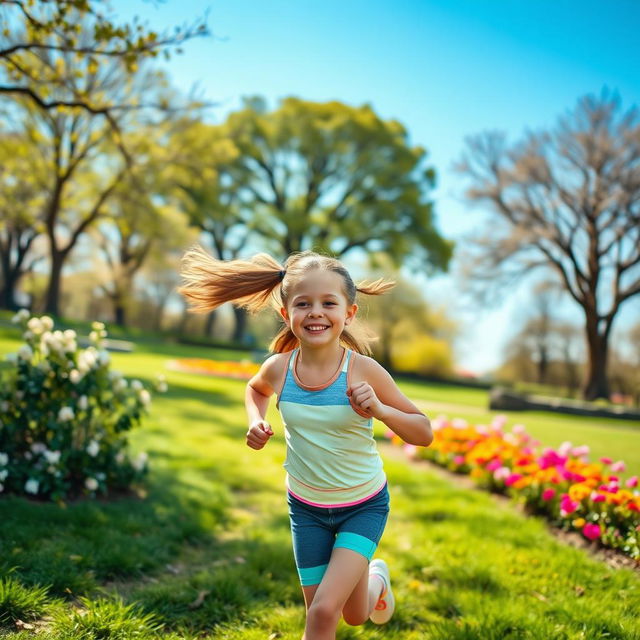 A girl running through a scenic park, with trees and flowers in the background