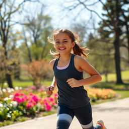 A girl running through a scenic park, with trees and flowers in the background