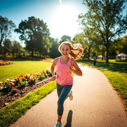 A girl running through a scenic park, with trees and flowers in the background