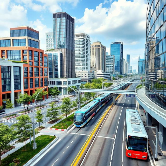 A high-quality infrastructure scene featuring modern buildings, clean streets, and advanced public transportation