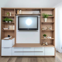 A multifunctional wall featuring a full-length shelf that acts as a TV stand, includes a vanity with a mirror, a bookshelf, and drawers for storage