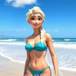 Create an image of Elsa from Frozen wearing a bikini with her skin wet, as if she has just come out of the water