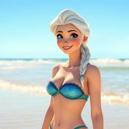 Create an image of Elsa from Frozen wearing a bikini with her skin wet, as if she has just come out of the water