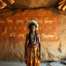 A cave painting in the background with an indigenous person in the foreground