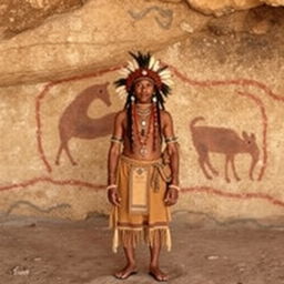 A cave painting in the background with an indigenous person in the foreground