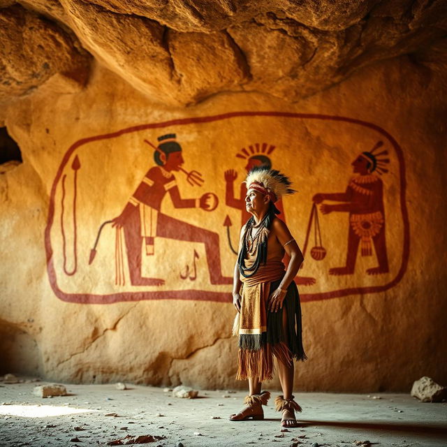 A cave painting in the background with an indigenous person in the foreground