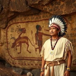 A cave painting in the background with an indigenous person in the foreground