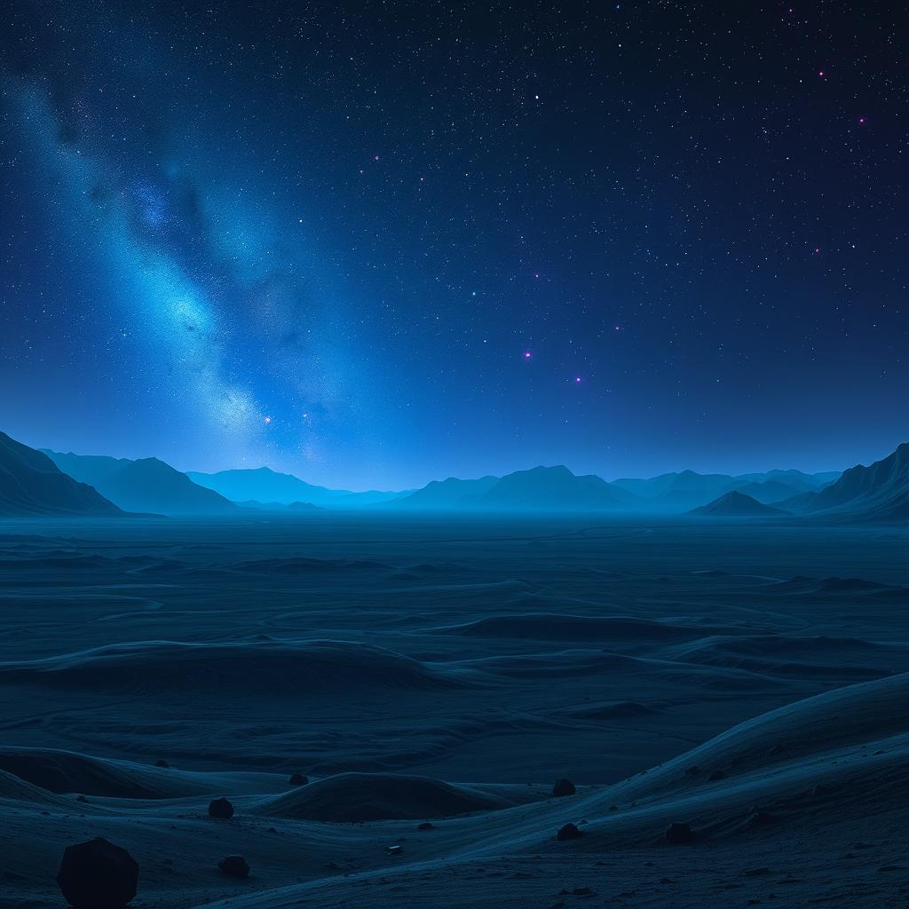 A desolate planet under a neon night sky, illuminated by vibrant, glowing constellations