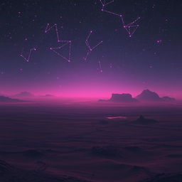 A desolate planet under a neon night sky, illuminated by vibrant, glowing constellations