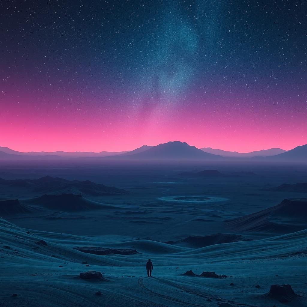 A desolate planet under a neon night sky, illuminated by vibrant, glowing constellations