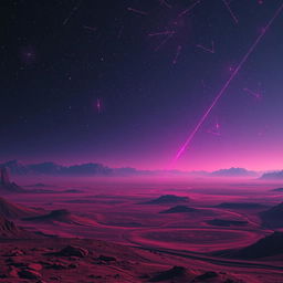 A desolate planet under a neon night sky, illuminated by vibrant, glowing constellations