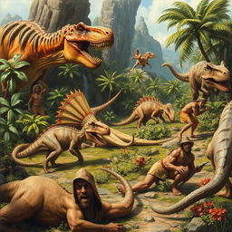 A detailed depiction of a prehistoric scene featuring dinosaurs, cavemen, and lush vegetation