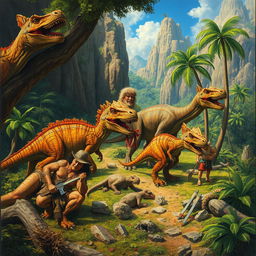 A detailed depiction of a prehistoric scene featuring dinosaurs, cavemen, and lush vegetation