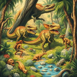 A detailed depiction of a prehistoric scene featuring dinosaurs, cavemen, and lush vegetation