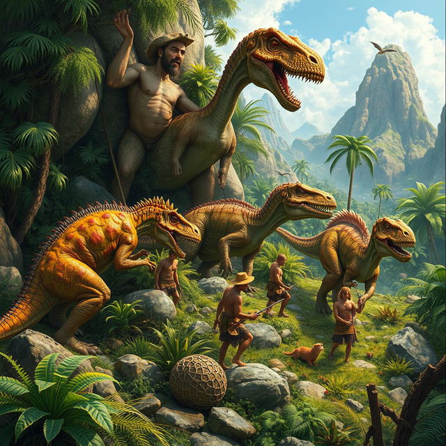 A detailed depiction of a prehistoric scene featuring dinosaurs, cavemen, and lush vegetation