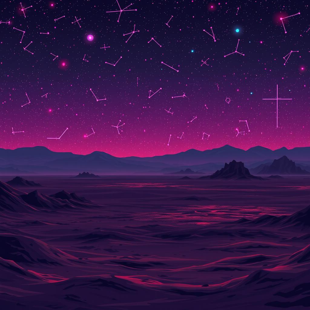 A desolate planet under a neon night sky, illuminated by vibrant, glowing constellations in pixel art style