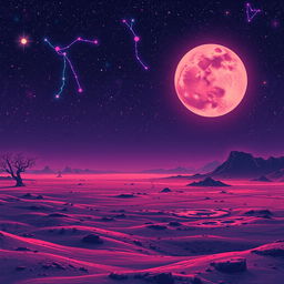 A desolate planet under a neon night sky, illuminated by vibrant, glowing constellations in pixel art style