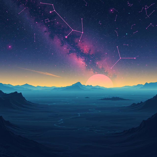 A desolate planet under a neon night sky, illuminated by vibrant, glowing constellations in pixel art style