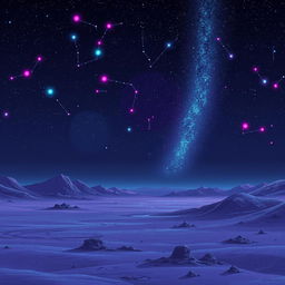 A desolate planet under a neon night sky, illuminated by vibrant, glowing constellations in pixel art style