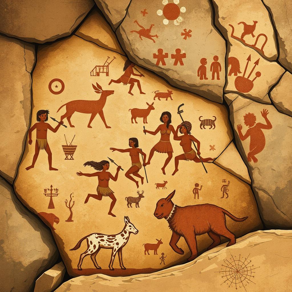 A detailed illustration of ancient rock art or cave paintings