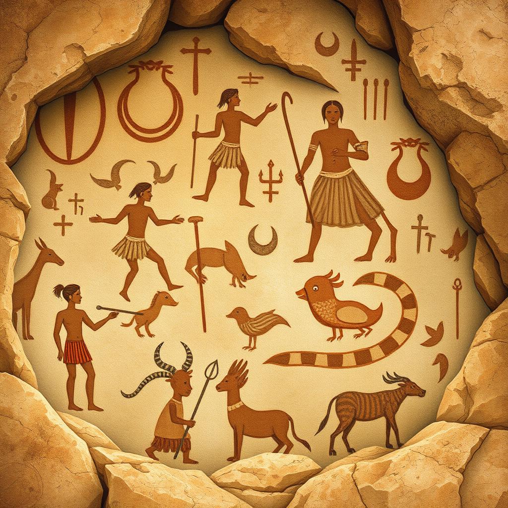 A detailed illustration of ancient rock art or cave paintings