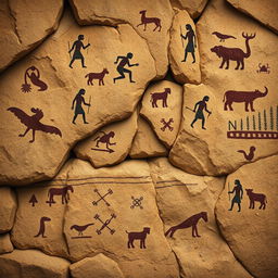 A detailed illustration of ancient rock art or cave paintings