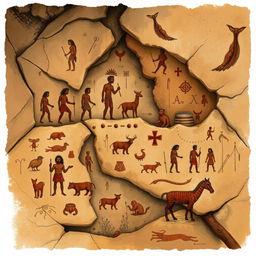 A detailed illustration of ancient rock art or cave paintings