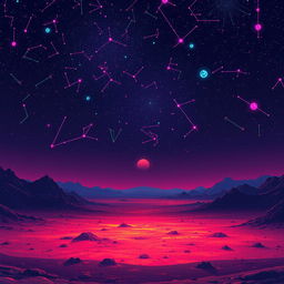 A desolate planet under a neon night sky, illuminated by vibrant, glowing constellations in pixel art style