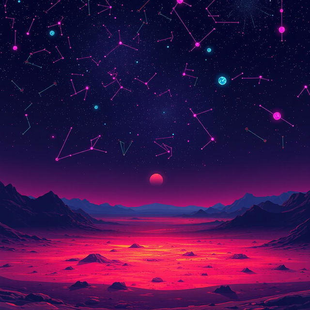 A desolate planet under a neon night sky, illuminated by vibrant, glowing constellations in pixel art style